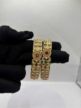 Gold-Tone Kundan Style Women's Bangles with Red Teardrop Stone